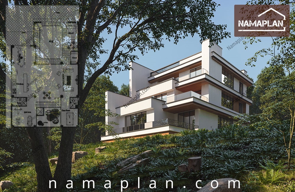 پلان ساختمان ۴ طبقه با نما و برش